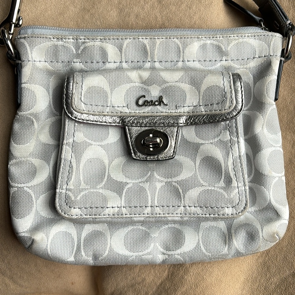 2/$40 COACH Purse, Shoulder Bag, Silver Grey & White, Small, Fabric